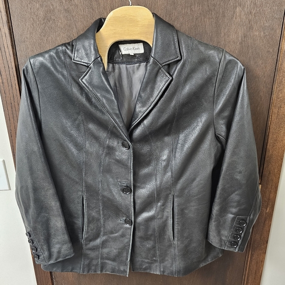 Calvin Klein Leather Jacket Black Button Front Classic Lined Womens 1x - Picture 1 of 11